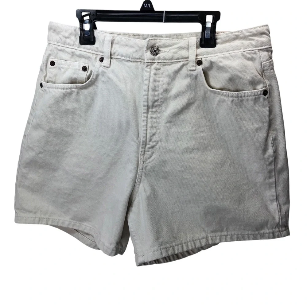 Zara Off White Cotton Mom Denim Shorts Sz 10 US Long Line High Rise Casual Beach